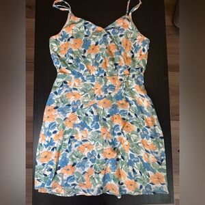 Floral Sleeveless Fit-and-Flare wrap-style Dress in Blue, Orange, and Green